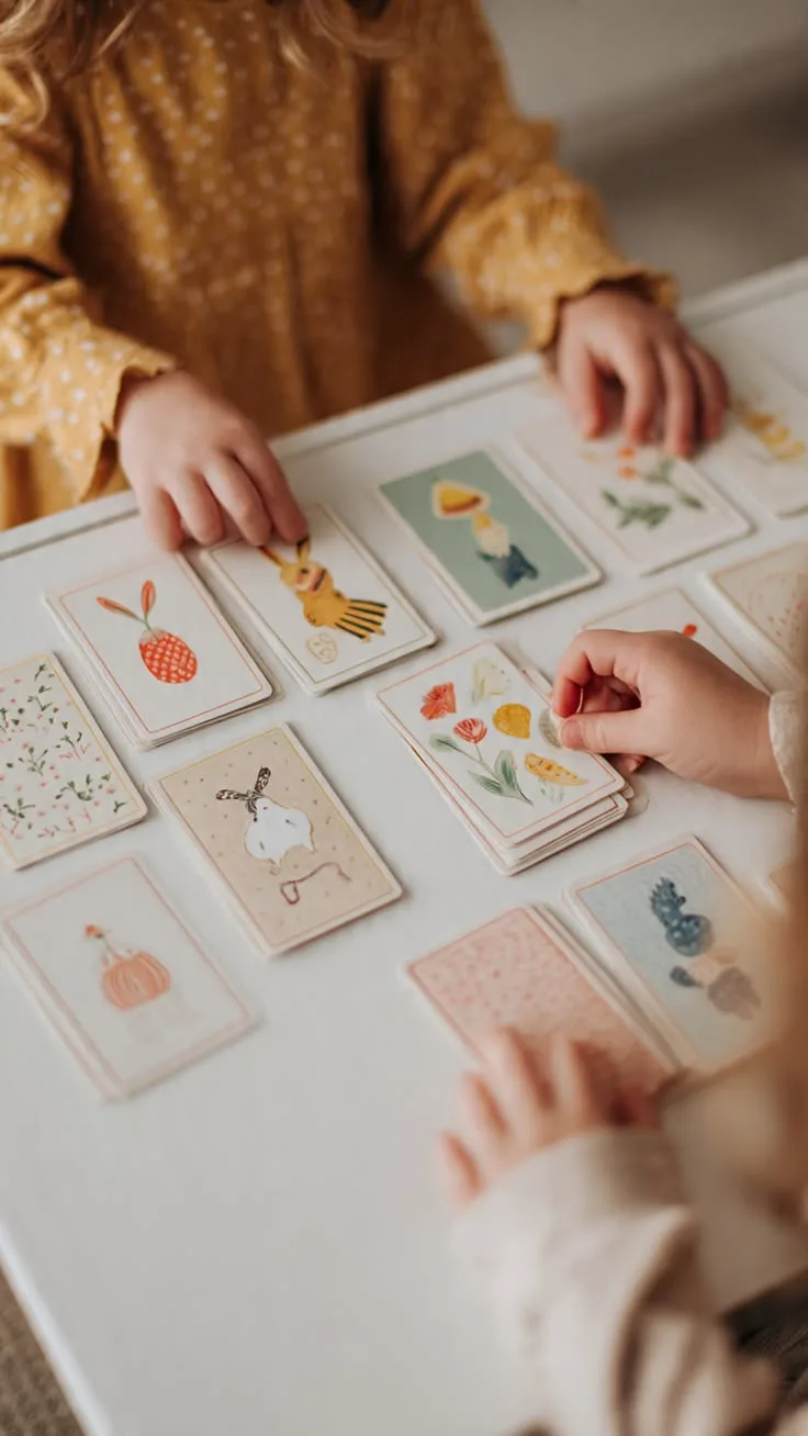 Niños jugando con tarjetas ilustradas en una mesa